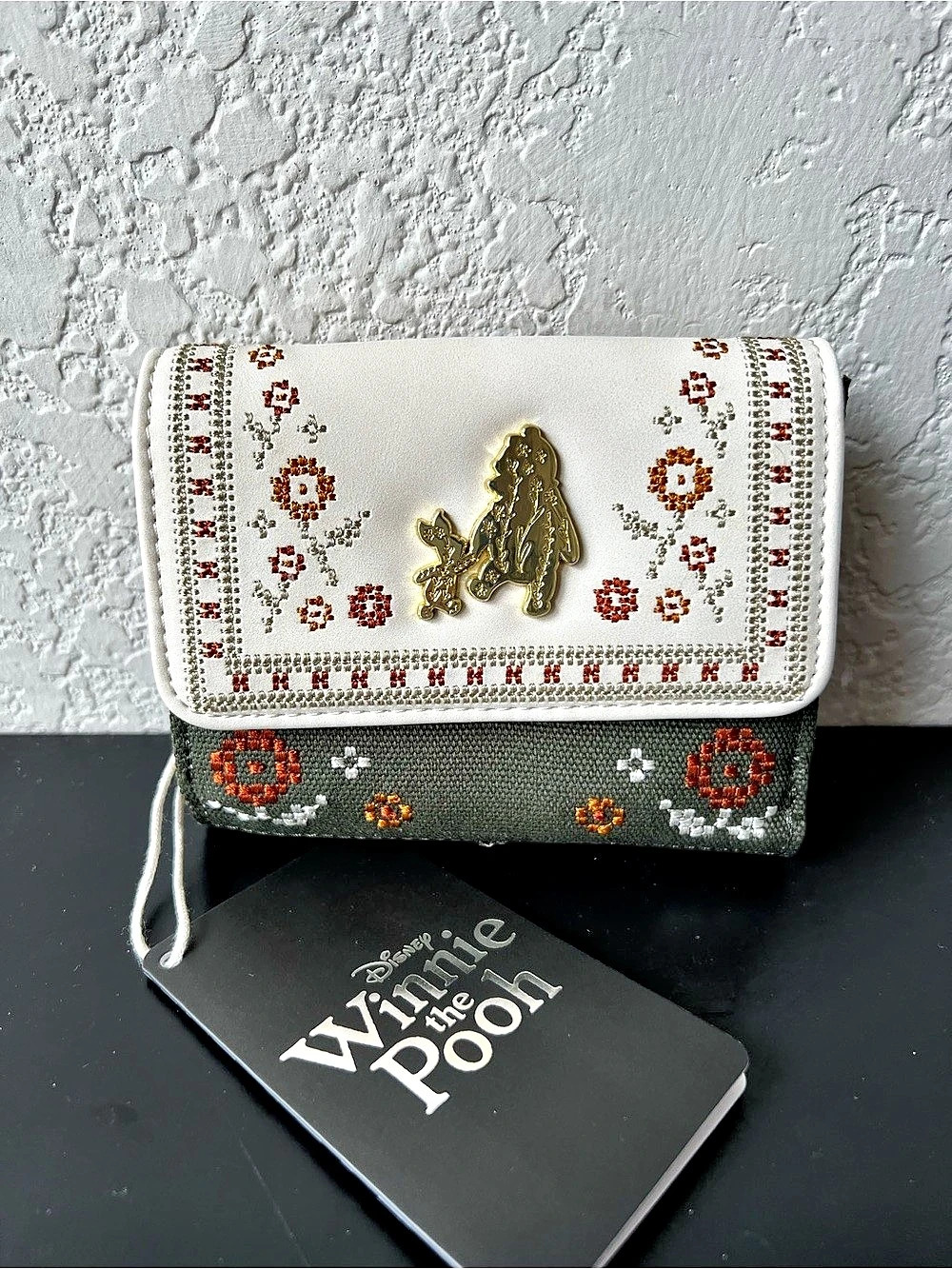 Loungefly Disney Winnie The Pooh Green Canvas Floral Cross Stitch Wallet - NWT